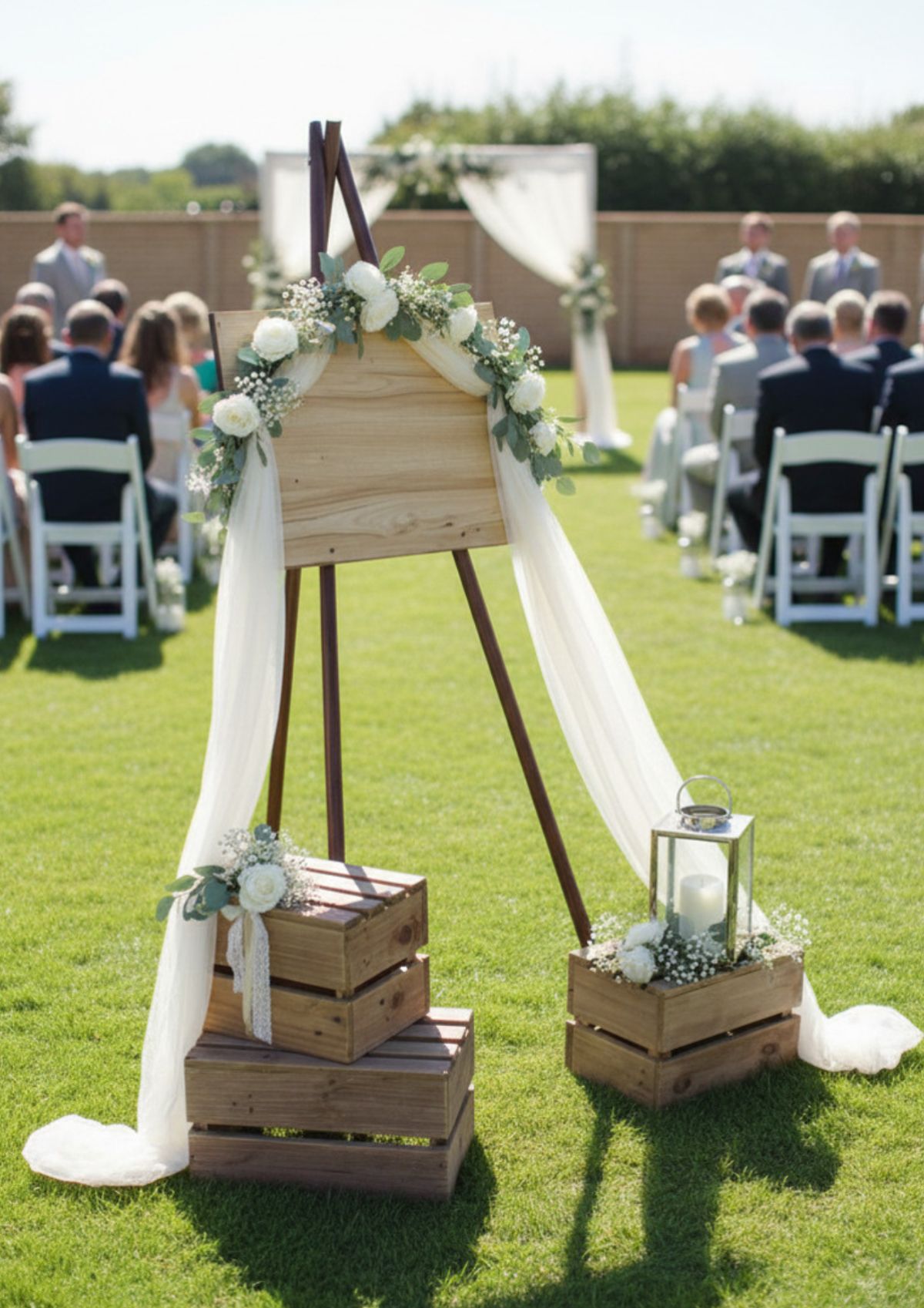 Draped easel sign at an outdoor ceremony