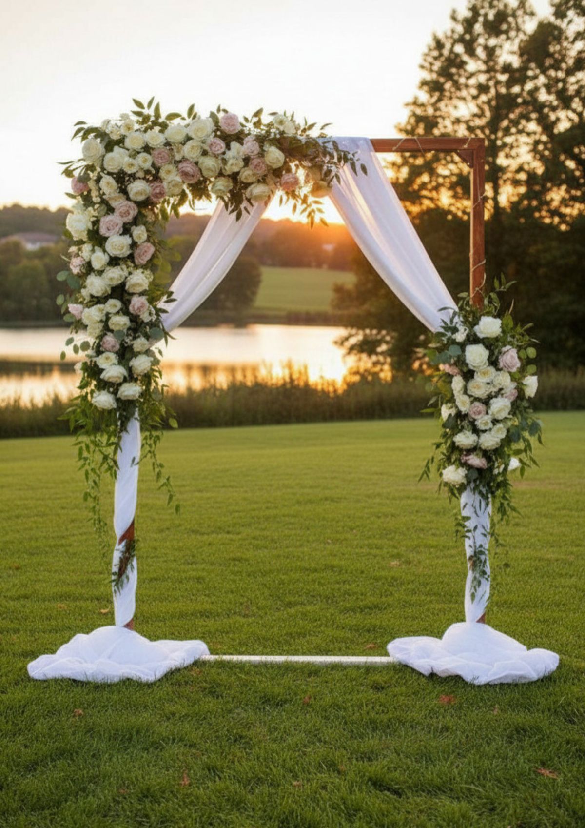 Floral draped wedding arch at golden hour by the water