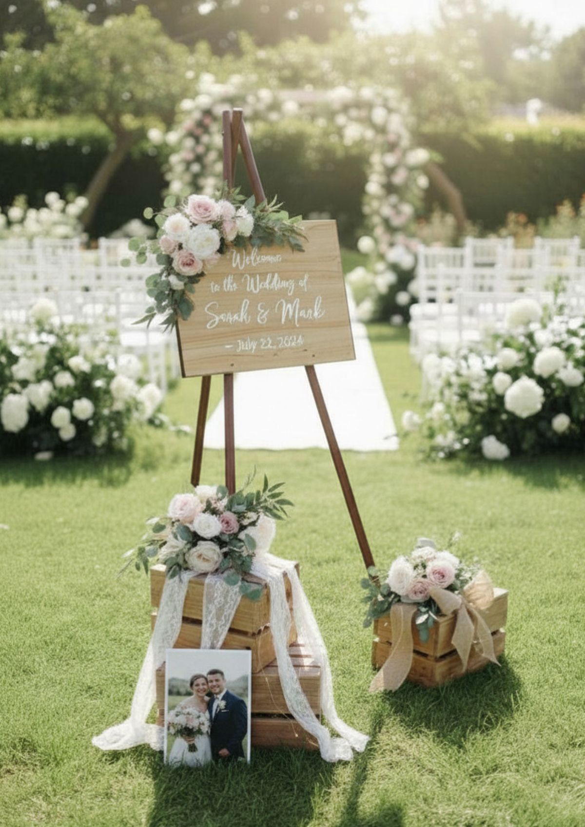 Welcome sign and boxes dressed with blush roses